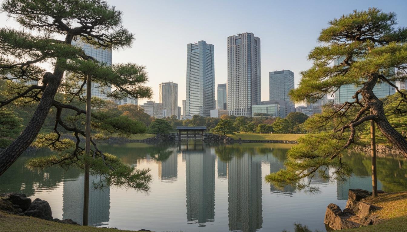 Hamarikyu Gardens tidal pond with Tokyo skyline