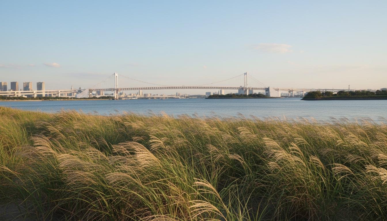 Odaiba beach grass with Rainbow Bridge and Tokyo Bay